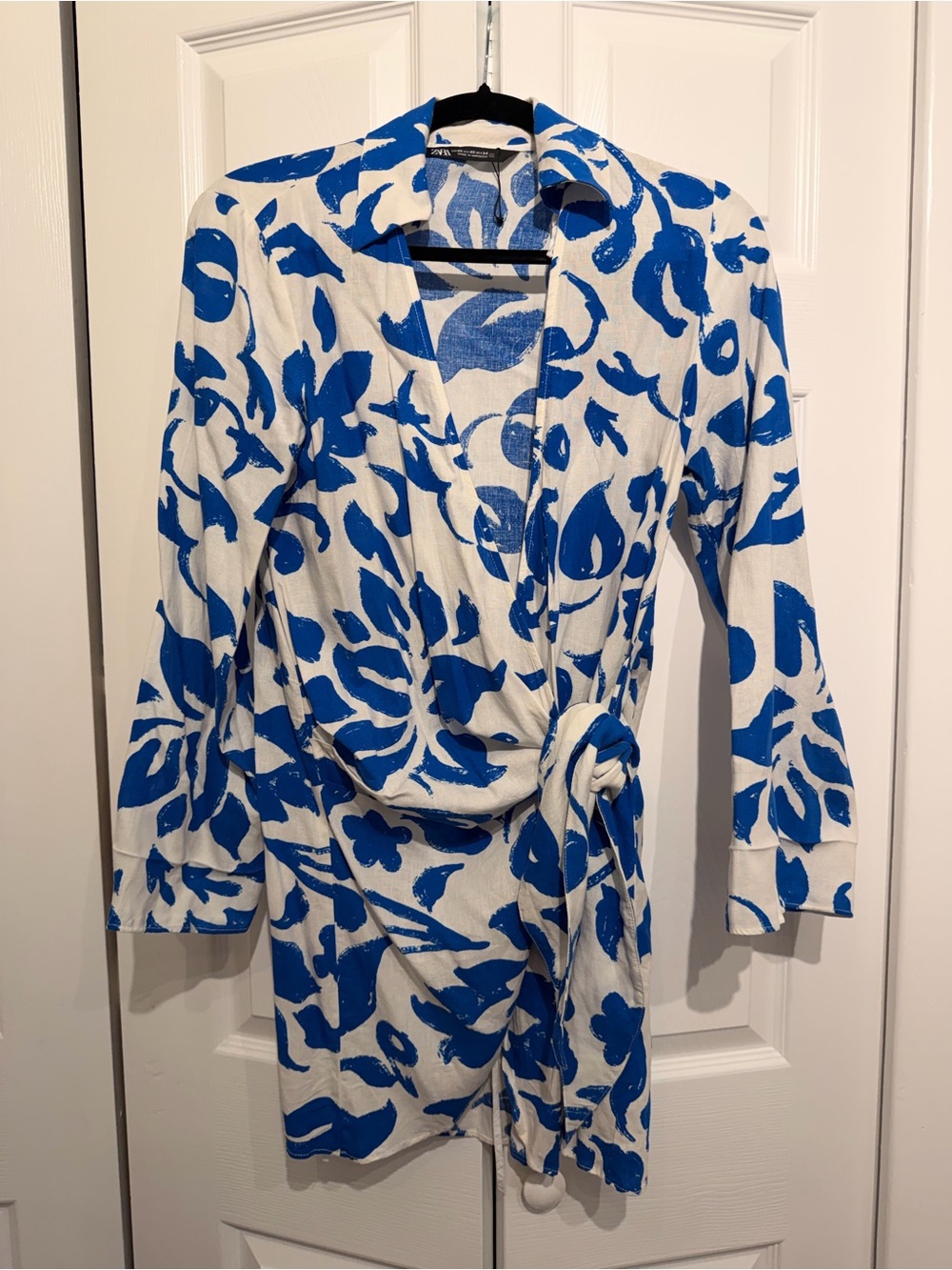 Linen blend. Blue & White Floral Wrap Dress